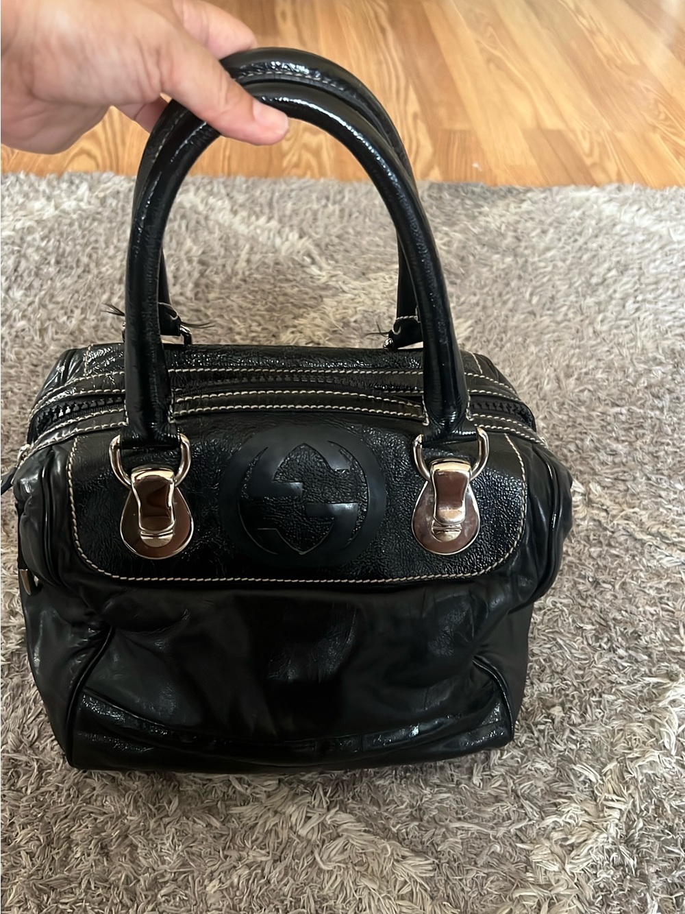 Gucci Black Patent Leather Satchel with Silver-Tone Hardware,authentic